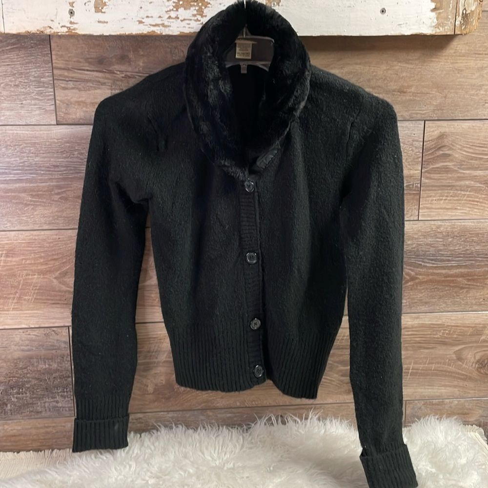 CHEROKEE Ladies Button Up Faux Fur Collar Black Sweater Size XL 14 / 16